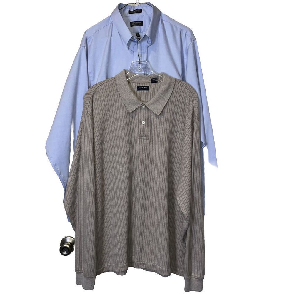 Arrow Shirt Lot L/XL Button Down Dress Shirt & Long Sleeve Polo Shirt Blue Brown